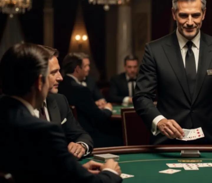 Stylový krupiér rozdávající karty u luxusního pokerového stolu