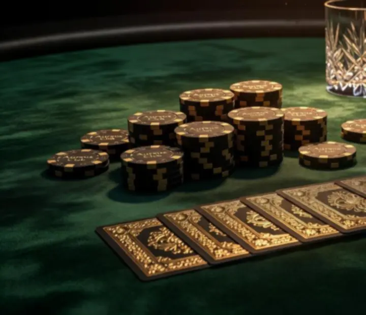 Detail luxusního pokerového stolu s prémiovými žetony
