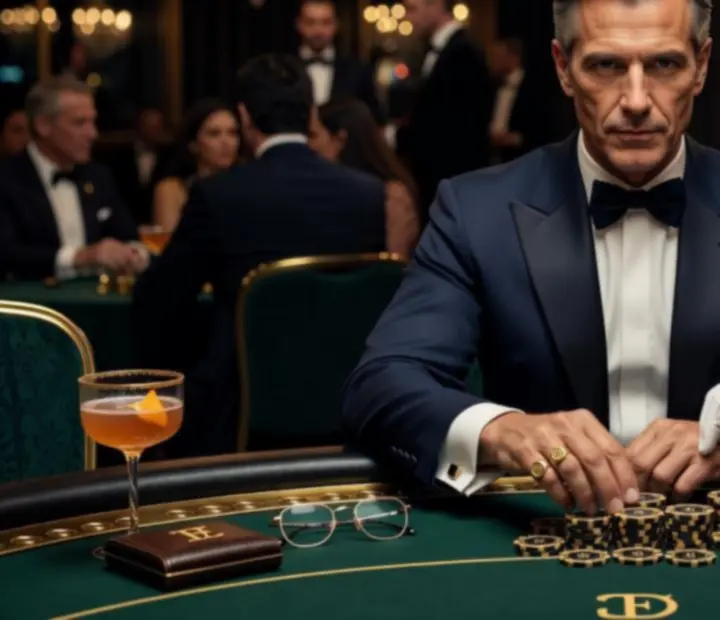 VIP host u elegantního stolu s drinkem v luxusně nasvíceném sále